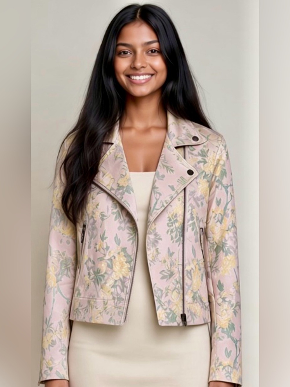Sans Souci Pink Floral Satin Moto Biker Jacket Size L